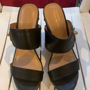 Women’s black wedges with gold buckle